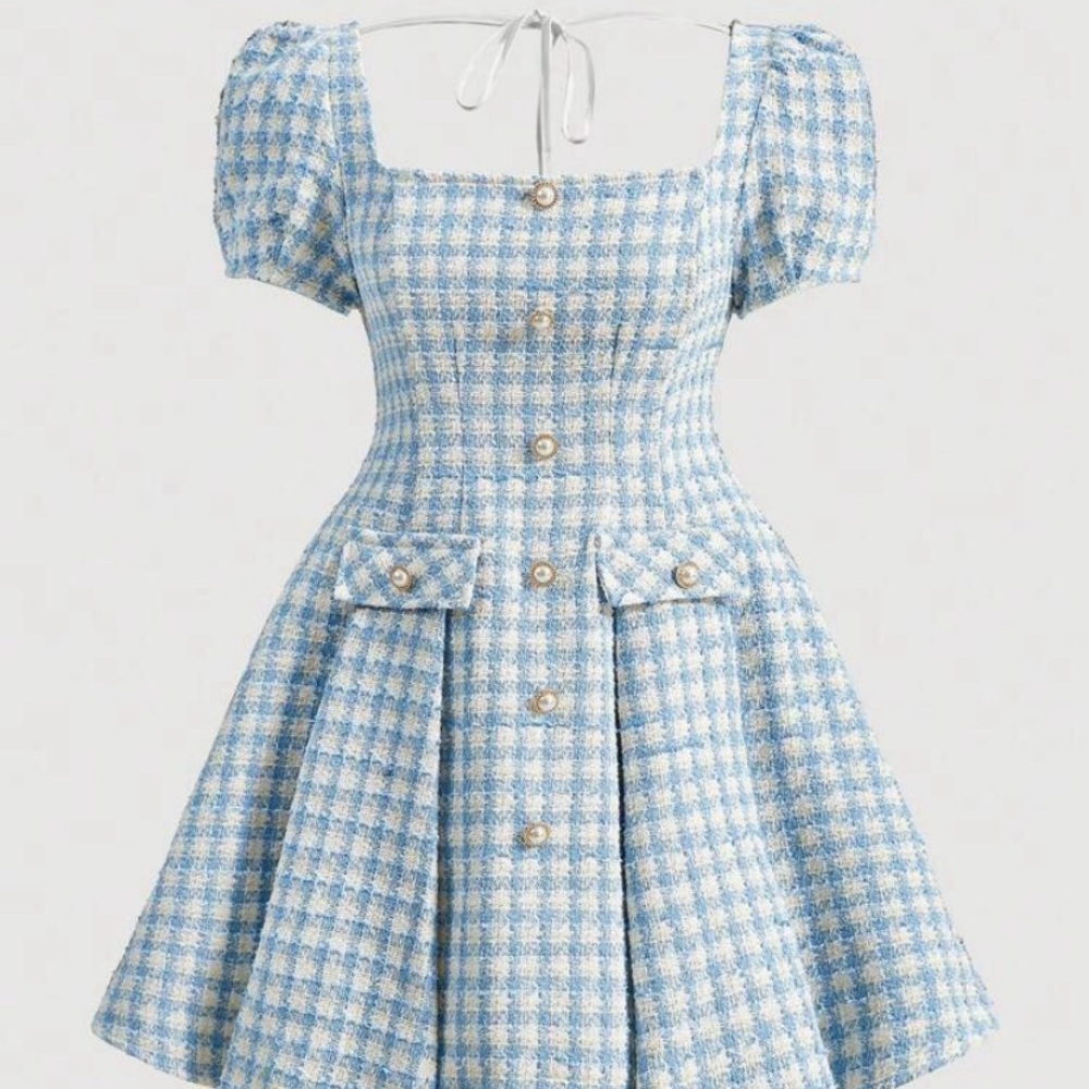 Plaid Pattern Tie Front Fold Pleated Detail Button Dress With Pearl Necklace - Picture 1 of 5